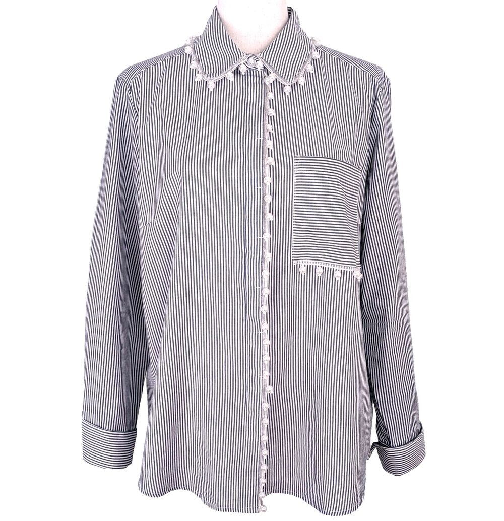 Tru Luxe Jeans Womens MED Blue Striped Pearl Lace Trim Shirt